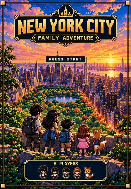 The 16-Bit Quest cover: the family looking over Central Park at sunset